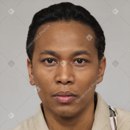 Neutral black young-adult male with short  black hair and brown eyes