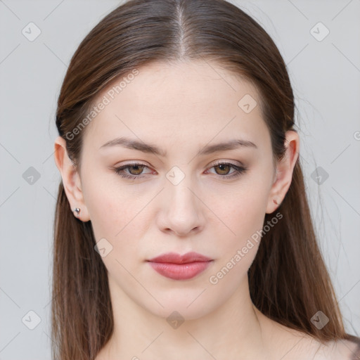 Neutral white young-adult female with long  brown hair and grey eyes