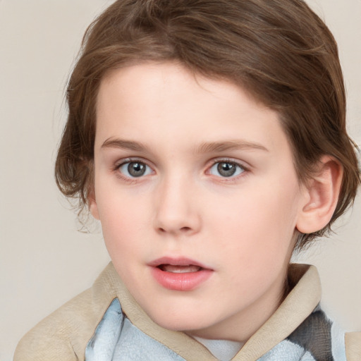 Neutral white child female with medium  brown hair and grey eyes