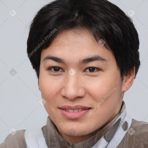 Joyful asian young-adult female with short  brown hair and brown eyes