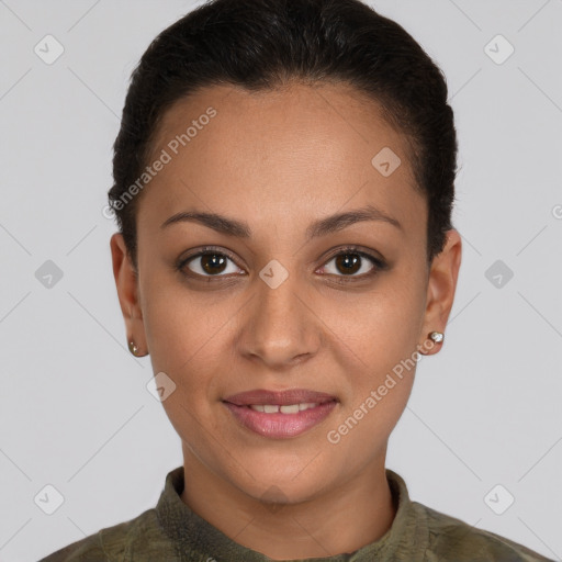 Joyful white young-adult female with short  brown hair and brown eyes