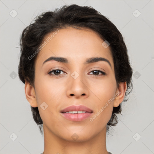 Joyful latino young-adult female with medium  brown hair and brown eyes