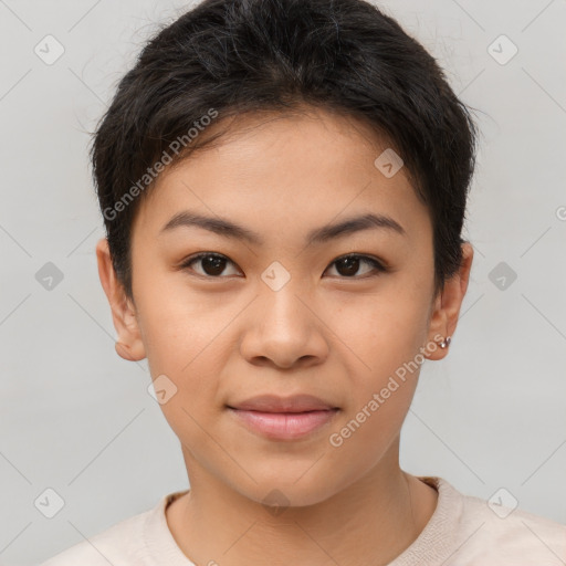 Joyful asian young-adult female with short  brown hair and brown eyes