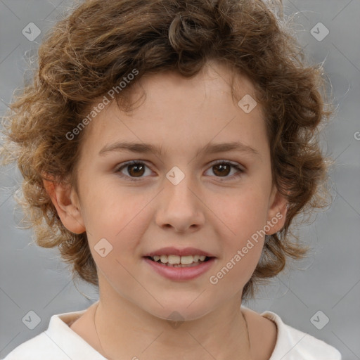 Joyful white child female with medium  brown hair and brown eyes