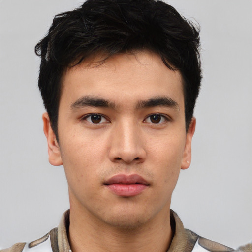 Neutral asian young-adult male with short  black hair and brown eyes