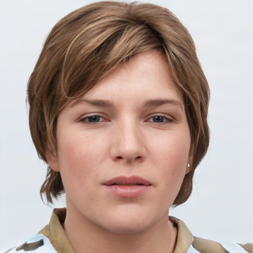 Neutral white young-adult female with medium  brown hair and grey eyes