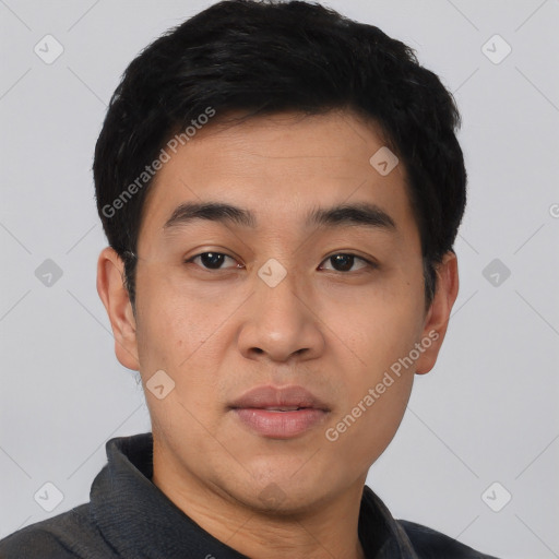 Neutral asian young-adult male with short  black hair and brown eyes