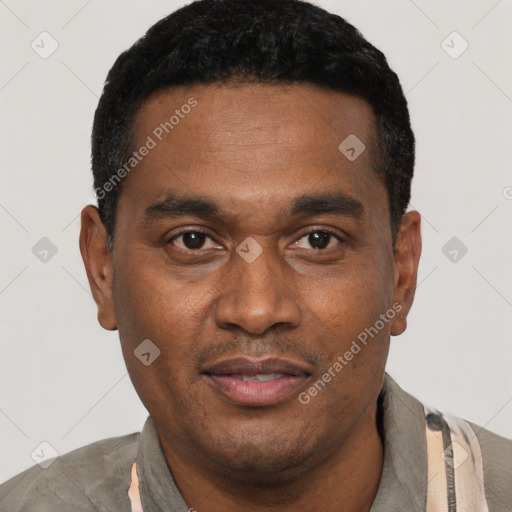 Joyful black young-adult male with short  black hair and brown eyes