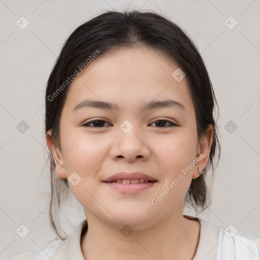 Joyful white child female with medium  brown hair and brown eyes