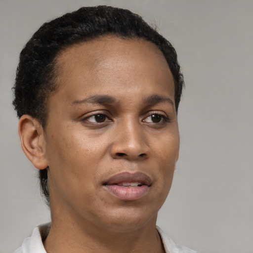 Joyful black adult female with short  brown hair and brown eyes