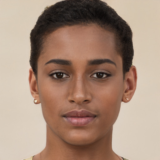 Neutral black young-adult female with short  brown hair and brown eyes