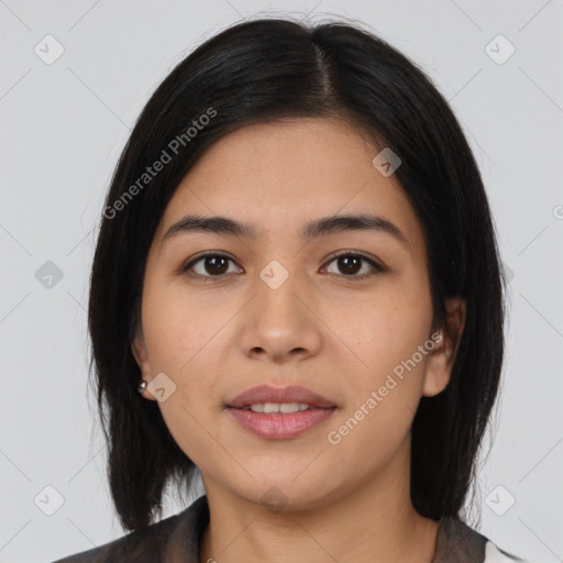 Joyful asian young-adult female with medium  black hair and brown eyes