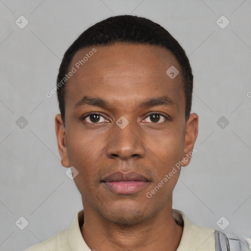 Neutral black young-adult male with short  black hair and brown eyes