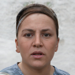 Neutral white young-adult female with short  brown hair and brown eyes