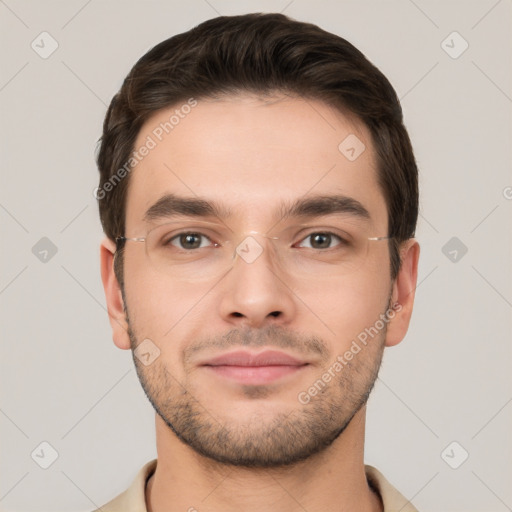 Neutral white young-adult male with short  brown hair and brown eyes