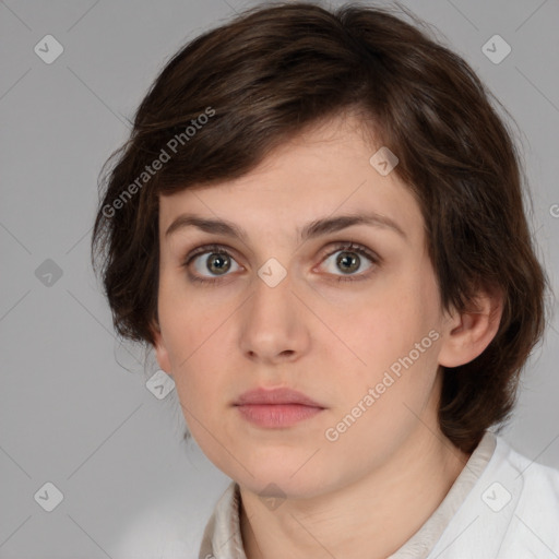 Neutral white young-adult female with medium  brown hair and brown eyes