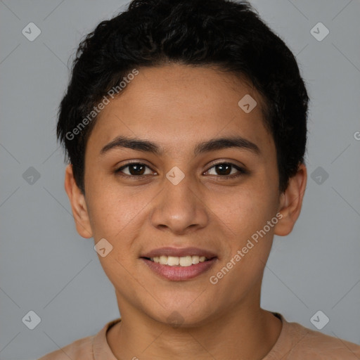 Joyful latino young-adult female with short  black hair and brown eyes