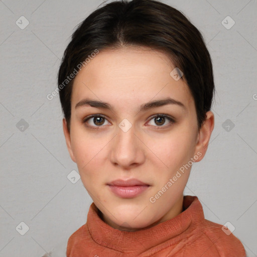 Neutral white young-adult female with short  brown hair and brown eyes