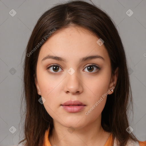 Neutral white young-adult female with medium  brown hair and brown eyes