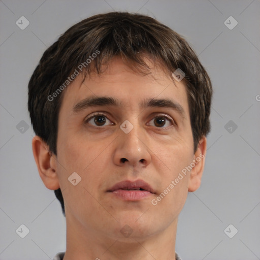 Neutral white young-adult male with short  brown hair and brown eyes