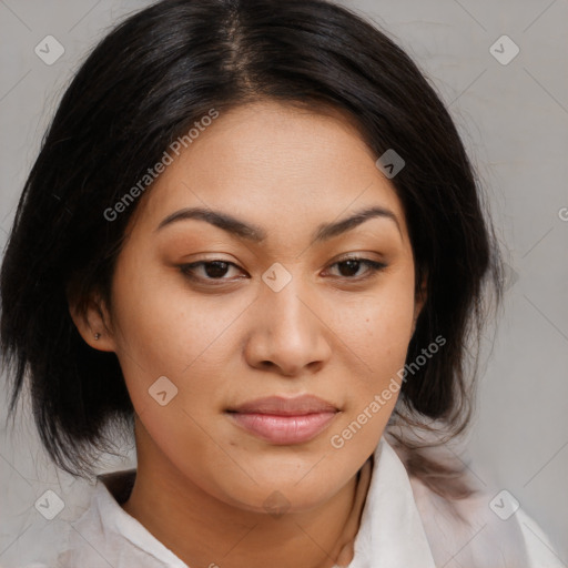 Joyful asian young-adult female with medium  brown hair and brown eyes