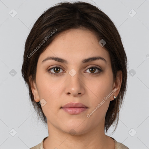 Neutral white young-adult female with medium  brown hair and brown eyes