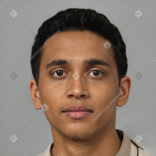 Neutral latino young-adult male with short  black hair and brown eyes