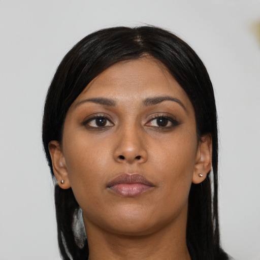Neutral asian young-adult female with long  black hair and brown eyes