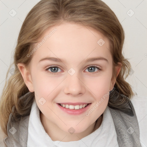 Joyful white child female with medium  brown hair and blue eyes