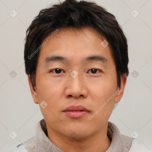 Neutral asian young-adult male with short  brown hair and brown eyes