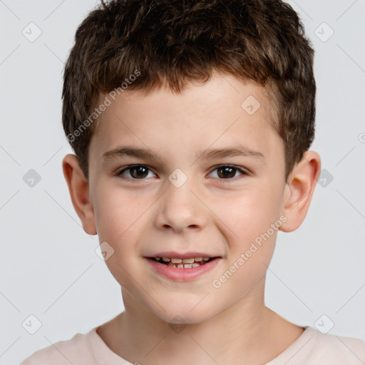 Joyful white child male with short  brown hair and brown eyes