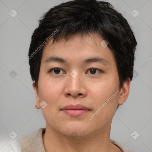 Neutral asian young-adult male with short  brown hair and brown eyes