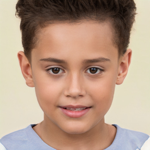 Joyful white child female with short  brown hair and brown eyes