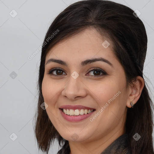 Joyful white young-adult female with medium  brown hair and brown eyes