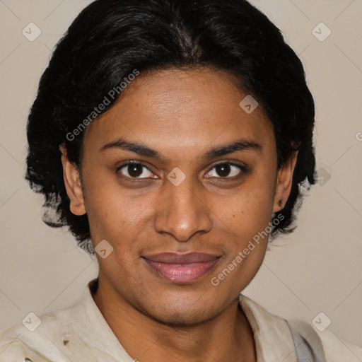 Joyful black adult female with short  brown hair and brown eyes