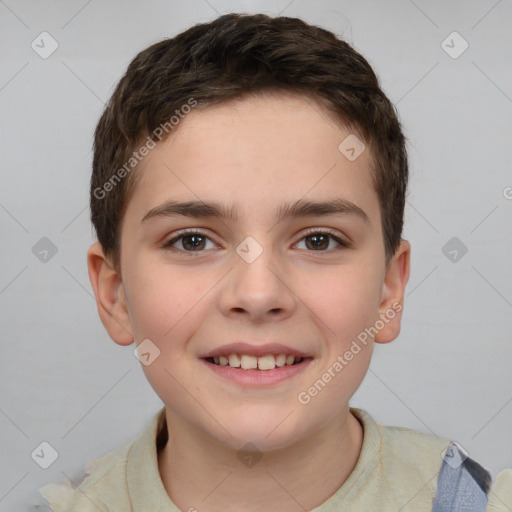 Joyful white child male with short  brown hair and brown eyes