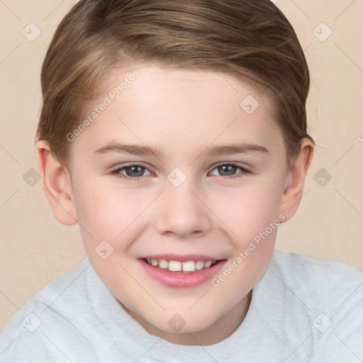 Joyful white child female with short  brown hair and brown eyes