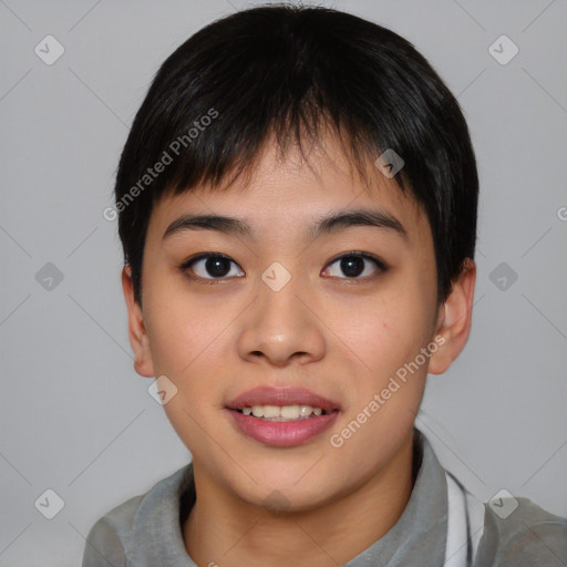 Joyful asian young-adult female with short  black hair and brown eyes