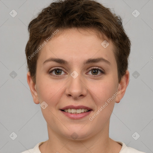 Joyful white young-adult female with short  brown hair and brown eyes