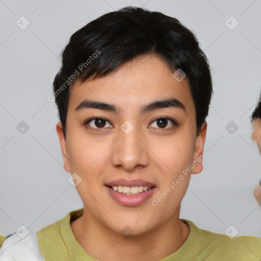 Joyful asian young-adult male with short  black hair and brown eyes