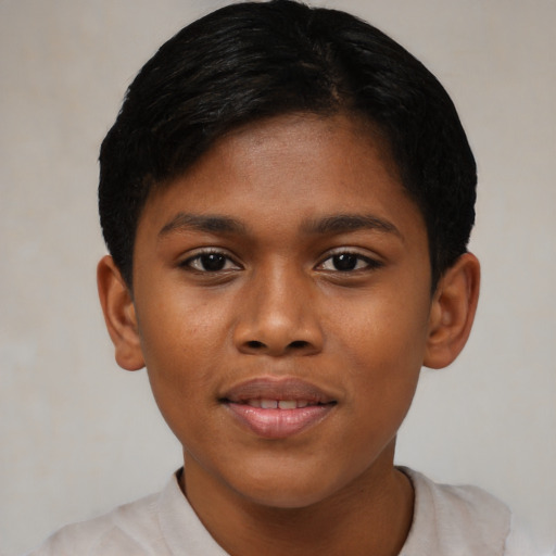 Joyful black child female with short  black hair and brown eyes