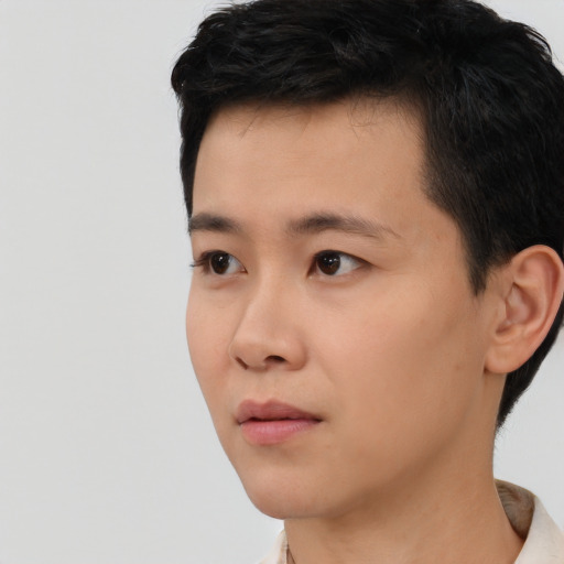 Neutral asian young-adult male with short  black hair and brown eyes