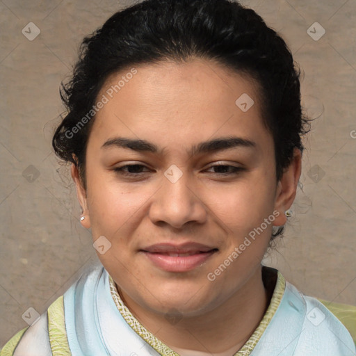 Joyful latino young-adult female with short  brown hair and brown eyes