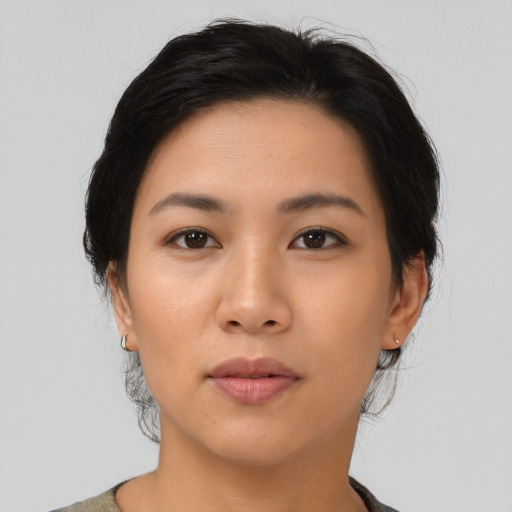 Neutral asian young-adult female with medium  black hair and brown eyes