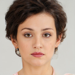 Neutral white young-adult female with short  brown hair and brown eyes