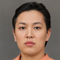 Neutral asian adult female with short  brown hair and brown eyes