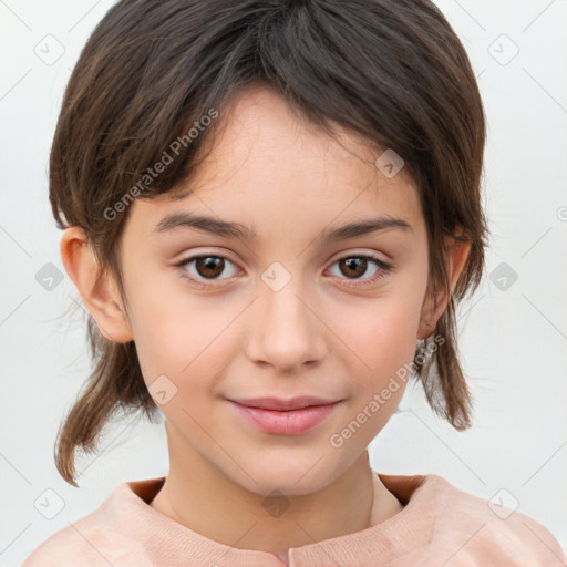 Joyful white child female with medium  brown hair and brown eyes