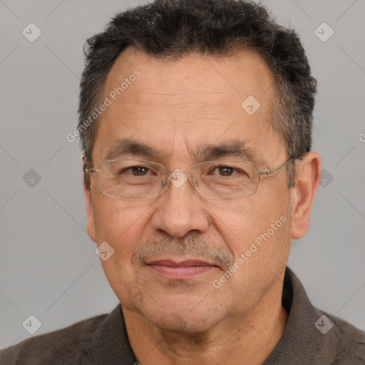 Joyful white middle-aged male with short  brown hair and brown eyes