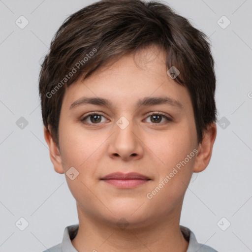 Neutral white young-adult female with short  brown hair and brown eyes