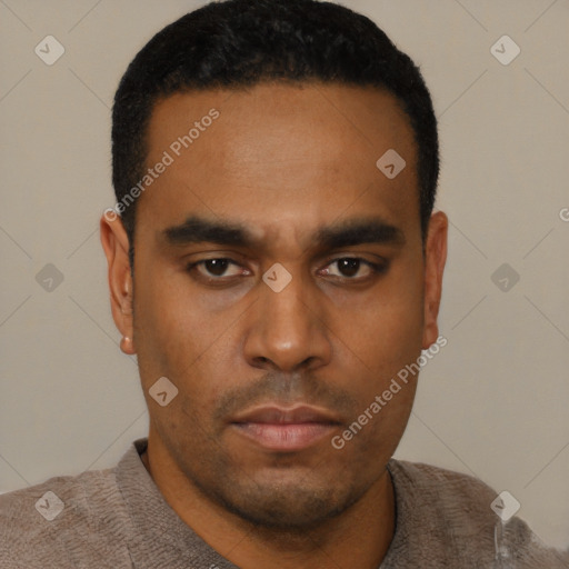 Neutral latino young-adult male with short  black hair and brown eyes